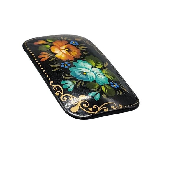 Russian Lacquer Brooch Hand Made Paper Mache Hand Painted Floral Signed - Picture 5 of 8